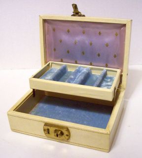 Vintage Mele Creamy Leather Gold Embossed Jewelry Box w Light Blue 