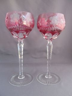   CRANBERRY Bohemian Cordial Crystal Cut To Clear WINE GLASSES