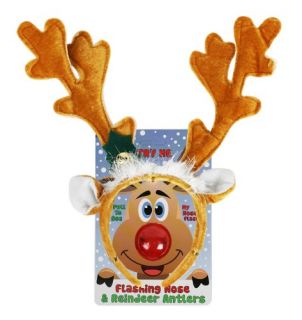 Reindeer Antlers and Light up Blinking Rudolph Flashing Nose Set   One 