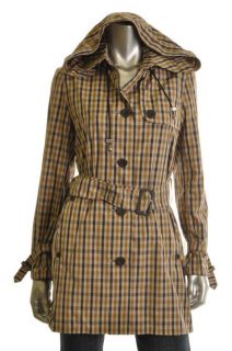 AQUASCUTUM New Brown Pattern Button Front Hooded Belted Trench Coat 6 