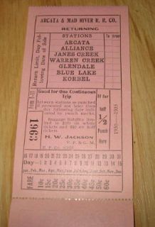 Old 1930s Arcata Mad River Railroad Trip Tickets