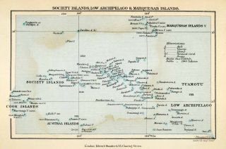 1879 Lithograph Map Society Islands Archipelago Marquesas Islands 