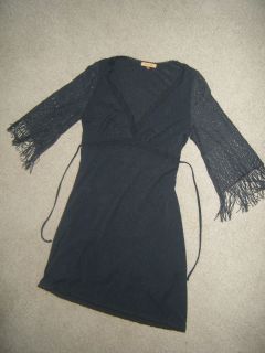 Arden B Boho Bohemian Black Dress Lace Sleeves Fringe Sz L Gorgeous 