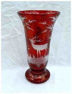 Art Nouveau Deco Bohemian Ruby Red Clear Etched Buck Deer Forest Vase 