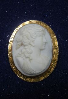 ANTIQUE ITALIAN CARVED SHELL CAMEO CHASED 10K GOLD BROOCH PIN PENDANT
