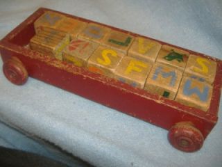 1940 CHILDRENS WOOD WAGON & ABC NUMBER BLOCKS Antique Baby Wooden Pull 