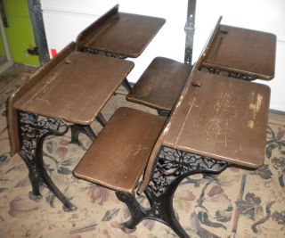 WOW 1890s Old School Antique Desks w Cast Iron Filigree Legs AH 