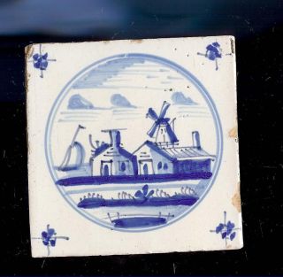 Antique Cream White Hand Painted 5 Sq Delft Tile House Boat Windmill 