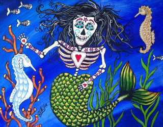 Print Folk Art Mexican Day of The Dead Mermaid Seahorses Painting 