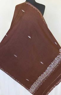 Large Crewel Embroidered Brown Wool Shawl Kashmir Artistry from India 