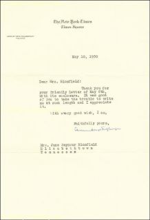 Arthur H Sulzberger Typed Letter Signed 05 10 1950