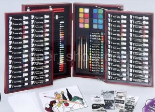   Supplies Set Hinged Wood Box Case 156 Piece Artist Art 101 Kit