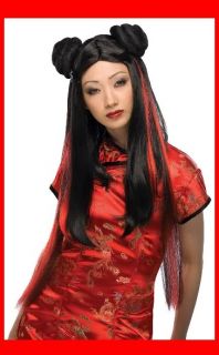 MS Chow Adult Asian Geisha Girl Japanese Black w Red Costume Wig 