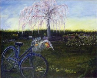 Bicycle  Landscape  Art Oil Painting Original byTammi Vaughan Blue 