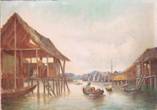 Asian Fishing Village on Stilts Original Watercolour Painting Thailand 