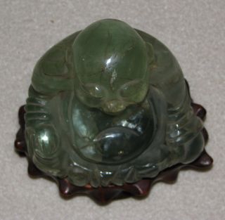 Large Antique Chinese Carved Green Crystal Fluorite Buddha w/ Rosewood 