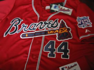 Atlanta Braves Throwback 44 Hank Aaron w 715Patch sewn Jersey LG Red 