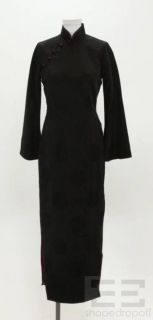Shanghai Tang Black Jacquard Silk Asymmetrical Button Long Dress