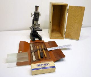 ATCO MICROSCOPE, WOOD DOVETAIL BOX & DISECTION KIT, & GLASS SLIDES