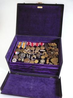 Military Treasure Box Medals Ribbons Pins USA Foreign 19th Century WW1 