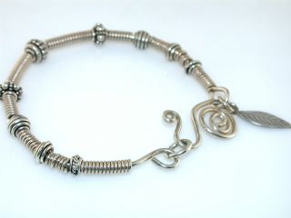 Artisan Bead Leaf Pattern Sterling Silver Bangle Bracelet