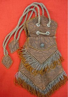 Arts Crafts Tooled Leather Purse with Beaded Fringe