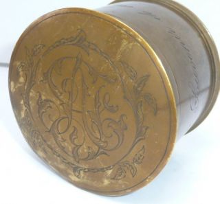 WW1 TRENCH ART BRASS SHELL CASE TRINKET BOX FRENCH ENGRAVED MEMORY OF 