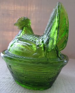 Atterbury 5 GREEN Transparent Hen on Nest Glass Covered Dish
