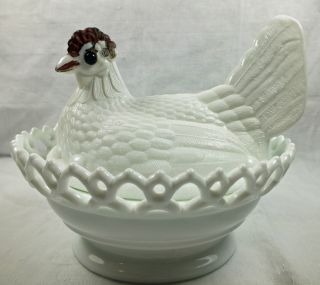Antique Milk Glass Atterbury Chicken Hen on Nest ~Glass Eyes Red Comb 
