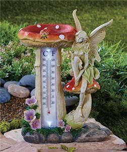   Fairy Garden Patio Deck Decor Thermometer Bird Bath Bird Feeder