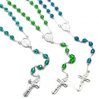 Sterling Silver Filled 925 Crystal Rosary Green Blue Jesus Christ 