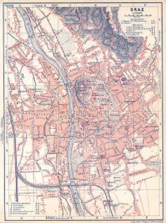 Austria Graz Gratz Historical Old City Map Plan 1911