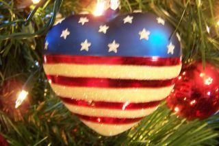 Red White Blue Heart Patriotic Glass Christmas Ornament