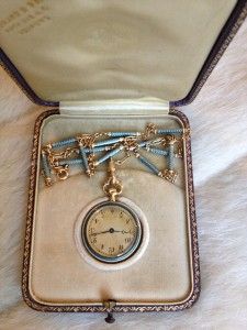 Antique French Bailly 14k Enamel Guilloche Pendant Watch Chain 