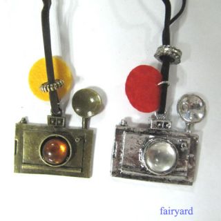    Silver Antiqued Camera Pendant Glass Ball Suede Leather Necklace