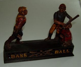   rare cast iron baseball themed mechanical bank from the 1880s this