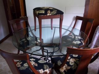 Ethan Allen Wrought Iron Table 54 Glass Top 4 Wood Chairs and Stool 