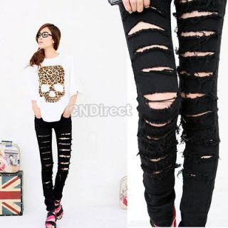 Black Punk Women Cut out Ripped Skinny Pants Jeans Jeggings Trousers 