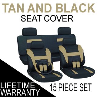 15pc Set Tan Black Auto Car Seat Covers FREE Steering Wheel Belt Pads 