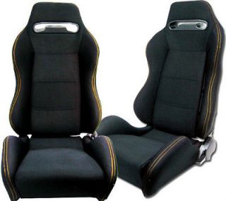 NEW 2 BLACK CLOTH + YELLOW STITCH RACING SEATS RECLINABLE ALL 