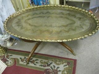 LARGE 45 VINTAGE 1930s MORROCCAN BRASS TRAY TABLE & TEAK WOOD STAND 