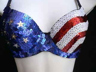 NEW WOMEN SEXY FASHION BRA SEQUINS BLUE RED AMERICAN FLAG BRALET 