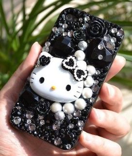 3D New Bow Hello Kitty Black Gem DIY Bling iPhone 4 4S 5 5g Case Deco 