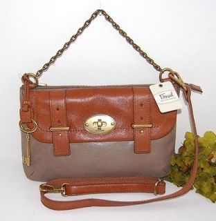 New FOSSIL Mason Vintage Top Zip Brown & Ash Gray Leather Flap 