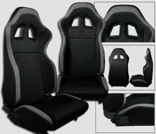 NEW 2 BLACK & GRAY CLOTH RACING SEAT RECLINABLE + SLIDERS ALL 