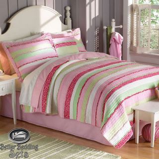 Girl Children Kid Pink Green Stripe Quilt Bedding Set For Twin Full 