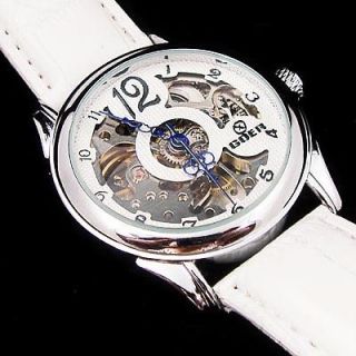 GOER White Steel Case Womens Leather Automatic Mechanical Lady Wrist 