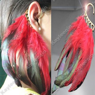 Wine Red Feather Gold Hook Ear Cuff Earrings Punk Boho Bohemian Hippie 