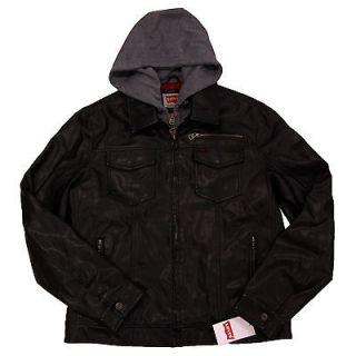 Levis Faux Leather Trucker Hoodie Jacket Black Levis Coat Pockets Zip 