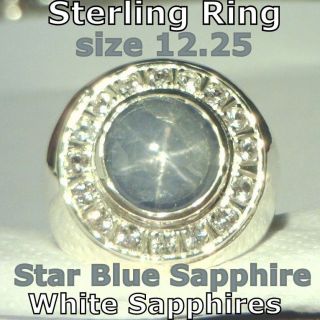 Blue Star Sapphire White Sapphire Halo Handmade Sterling Gents Ring 